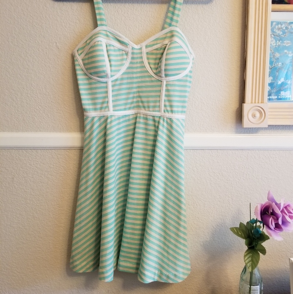 Mint Stripe Retro Dress with Cream Piping